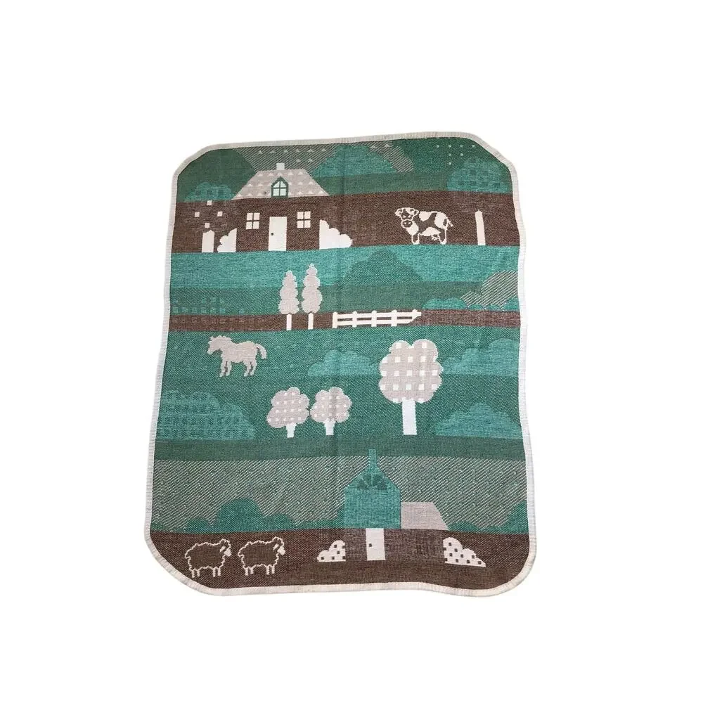 Cotton Throw Blanket Mora Made in Spain House and Trees Tan Green 44x54in Vtg